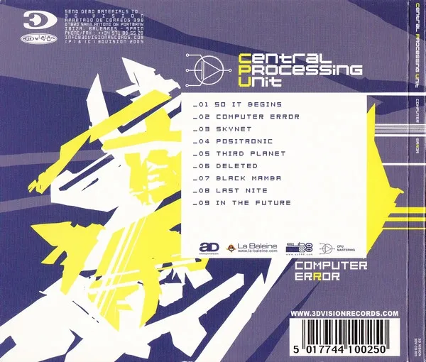 The back of a blue-and-yellow CD case, adorned with jagged geometric patterns. A large white square containing track listings covers a third of the art.